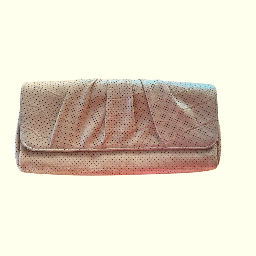 Lauren Merkin Clutch Bag  Tan Excellent Perforated Croc Pleated Leather‎
